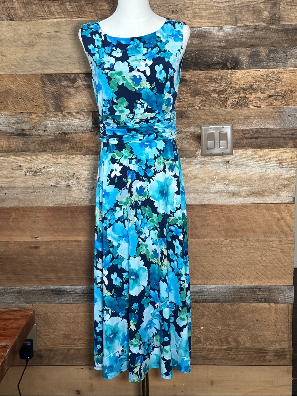 Jessica Howard Sleeveless Watercolor Floral Ruched Blouson Midi Dress sz 8